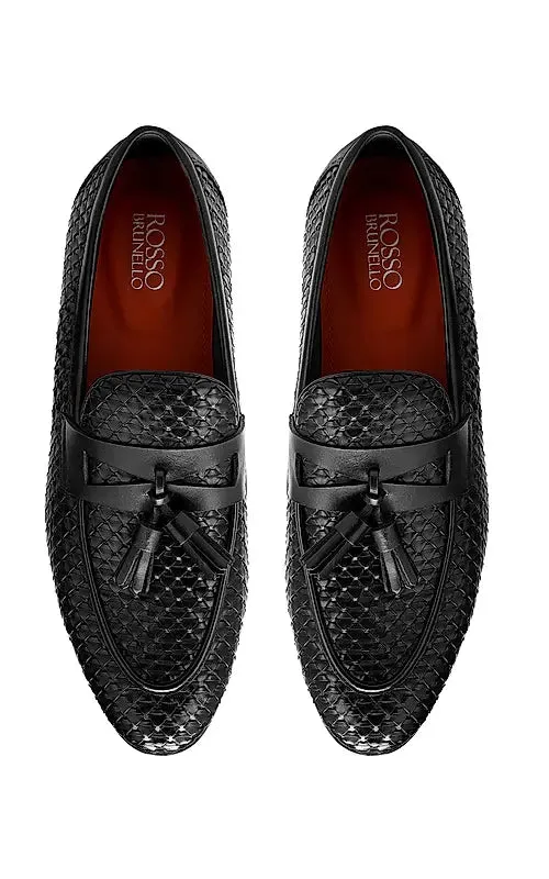Black Textured Loafers With Tassels