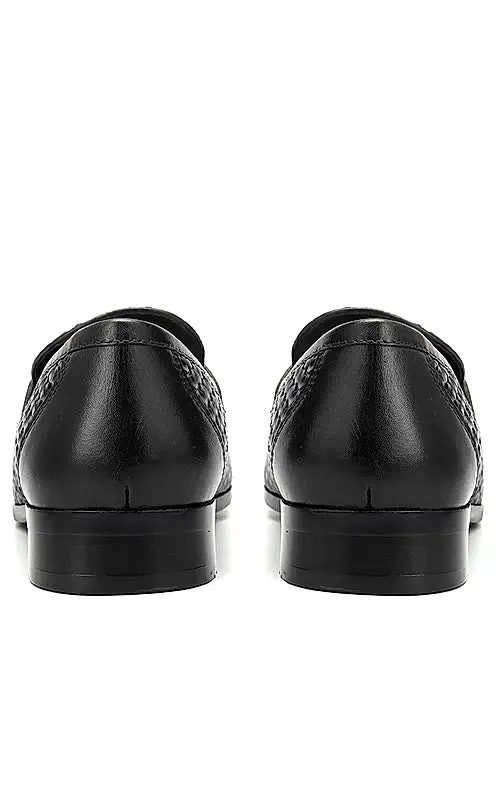 Black Textured Loafers With Tassels