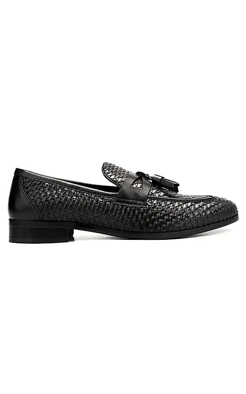 Black Textured Loafers With Tassels