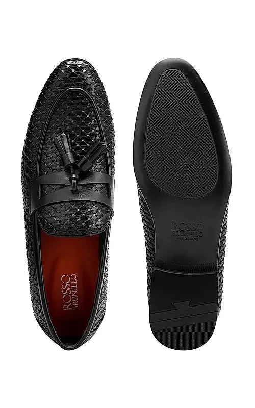 Black Textured Loafers With Tassels