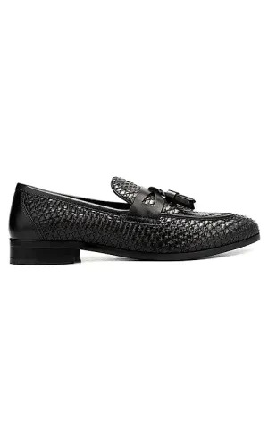Black Textured Loafers With Tassels