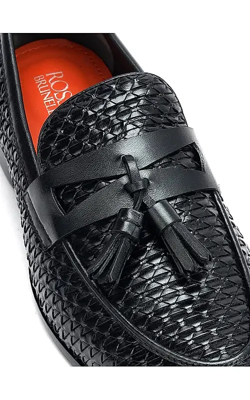 Black Textured Loafers With Tassels