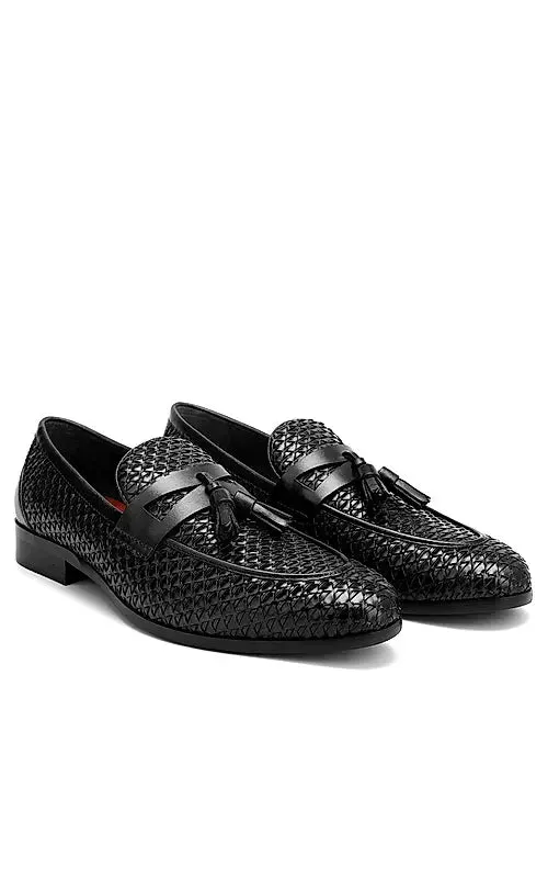 Black Textured Loafers With Tassels