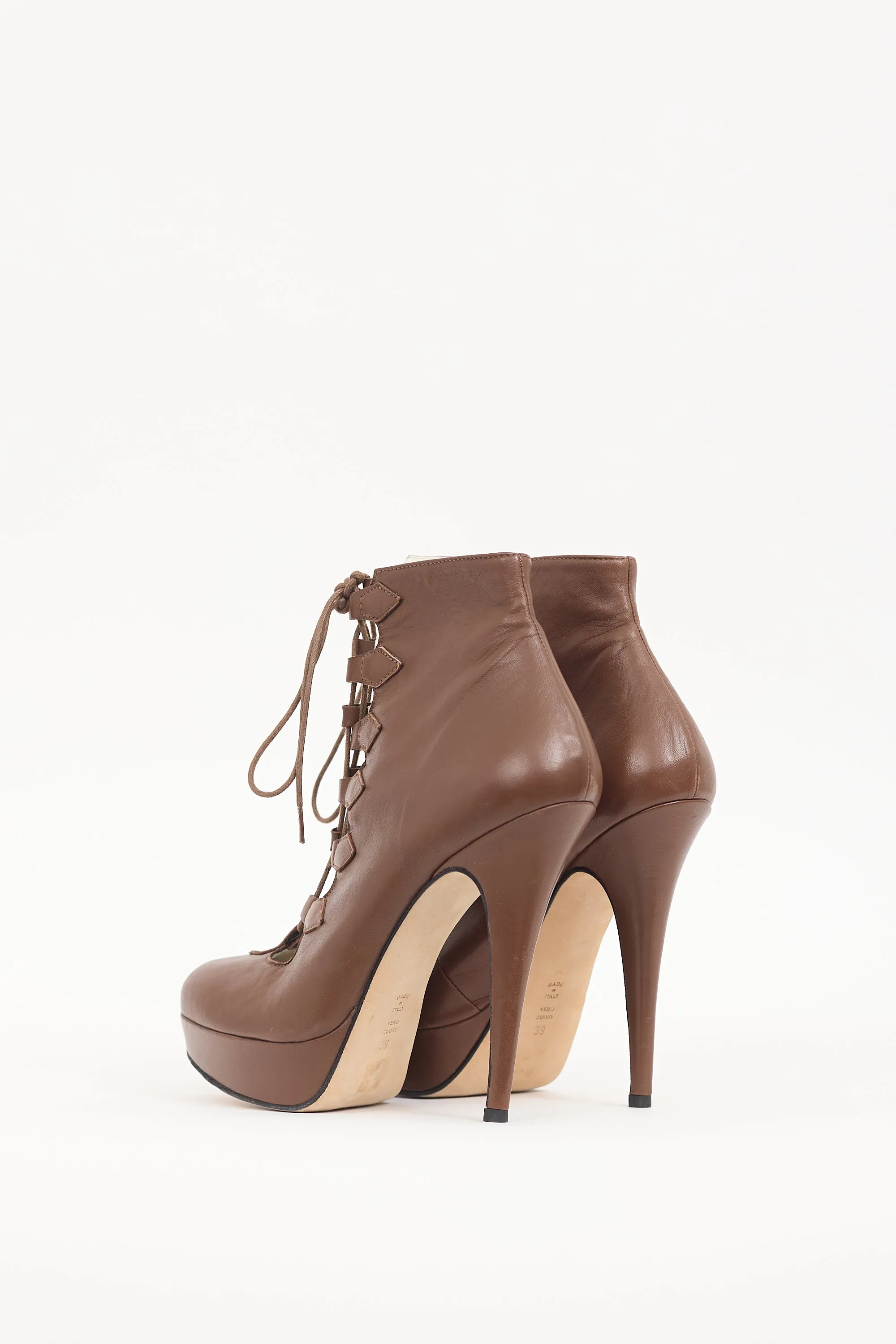 Brown Leather Lace Up Stiletto Boot