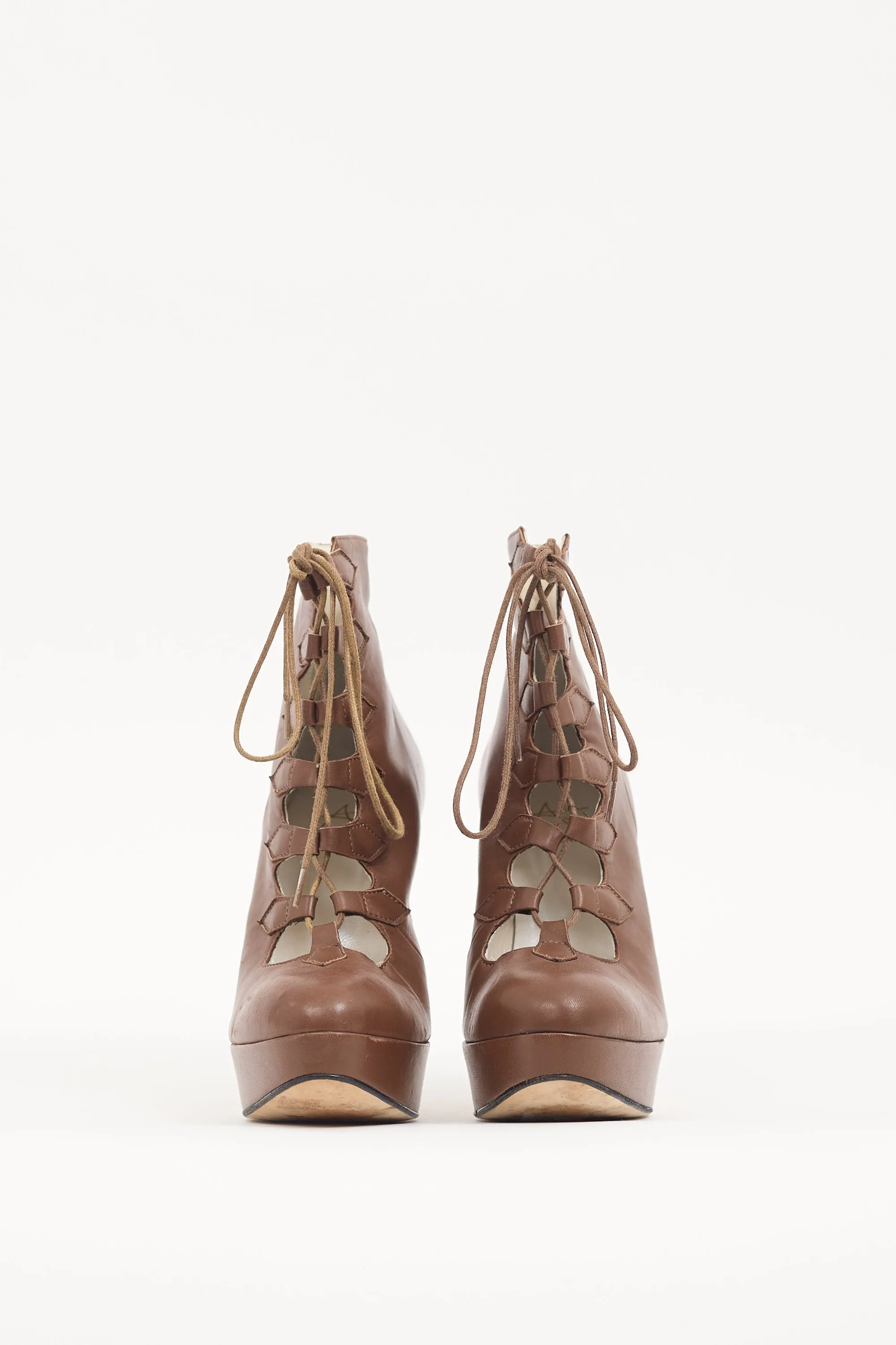 Brown Leather Lace Up Stiletto Boot