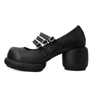 Bubble Heel 3-Strap Mary Janes Black Vegan Leather