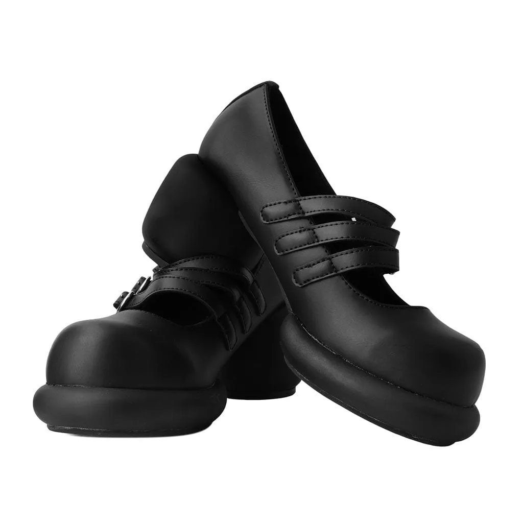 Bubble Heel 3-Strap Mary Janes Black Vegan Leather