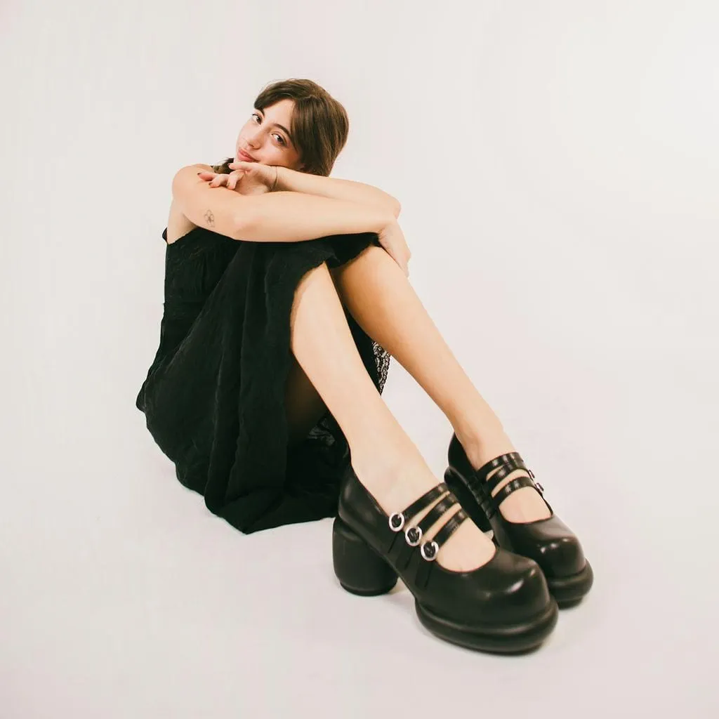 Bubble Heel 3-Strap Mary Janes Black Vegan Leather
