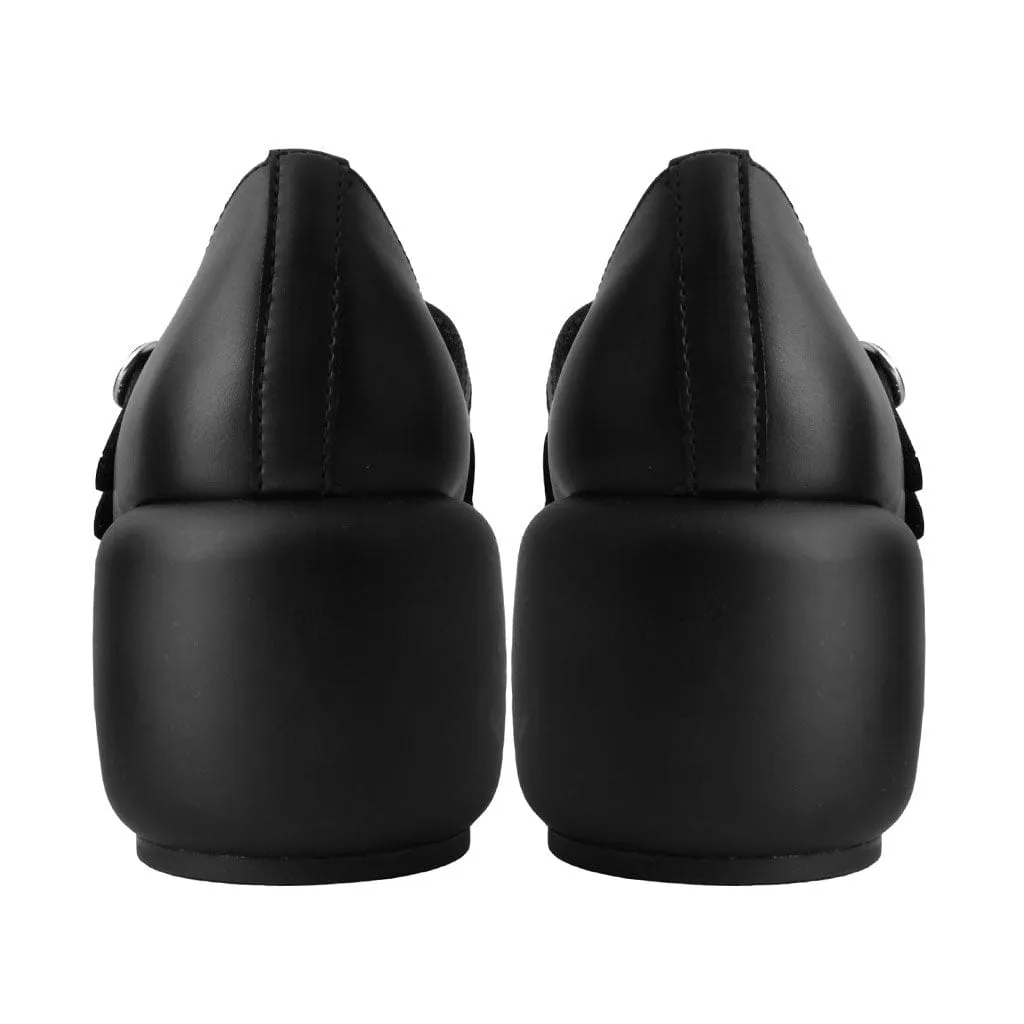 Bubble Heel 3-Strap Mary Janes Black Vegan Leather