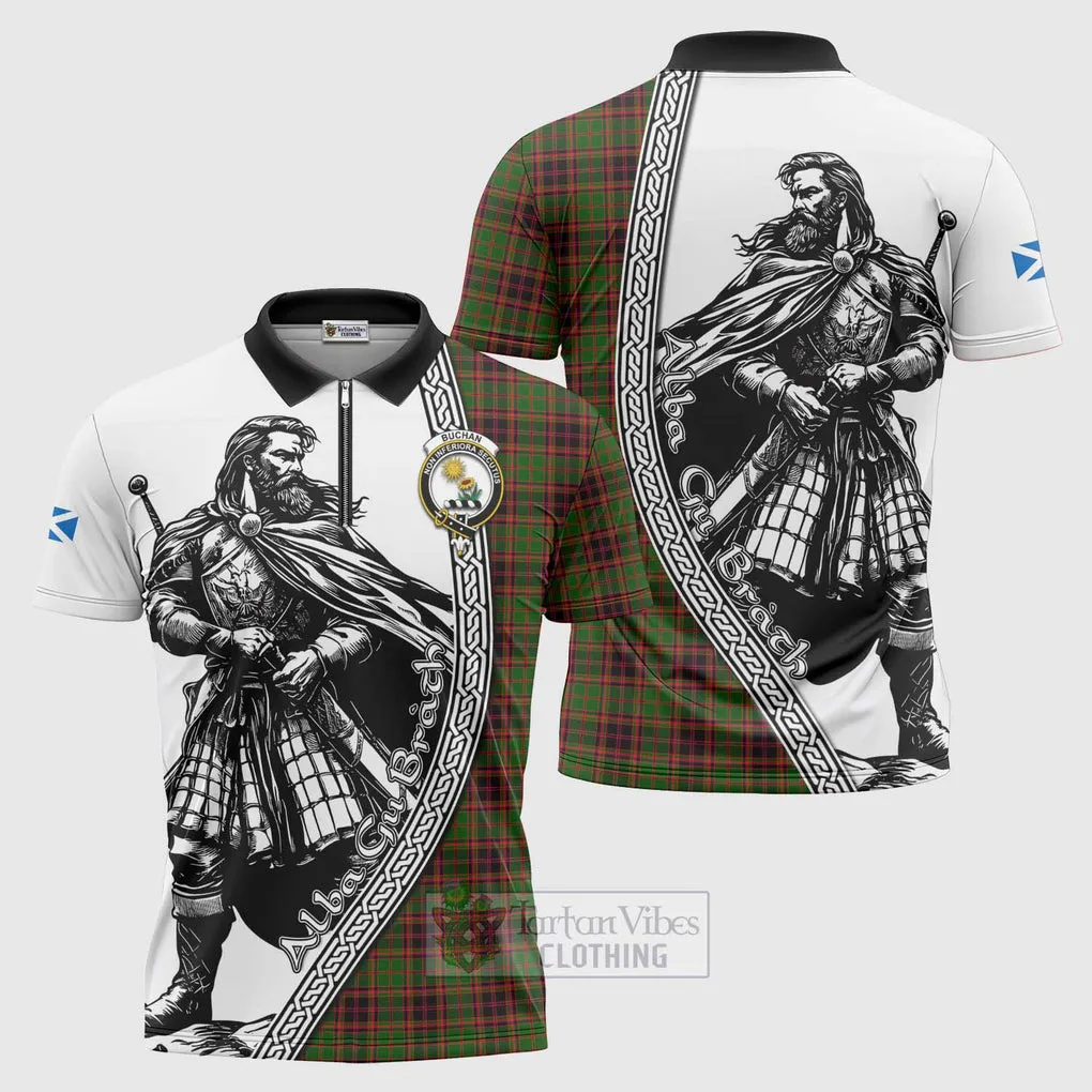 Buchan Tartan Clan Crest Zipper Polo Shirt with Highlander Warrior Celtic Style