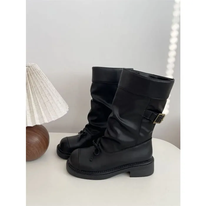 Cap Toe Bow Platform Chunky Heel Short Boots