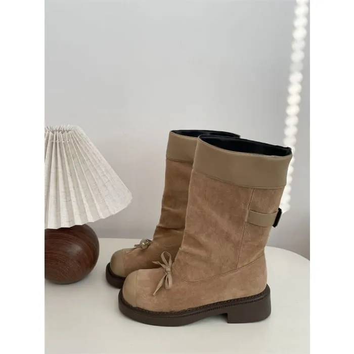 Cap Toe Bow Platform Chunky Heel Short Boots