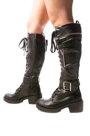 Cape Robbin UNDERWORLD Black Knee High Heavy Hardware Lace Up Motorcycle Boots (10, Black)