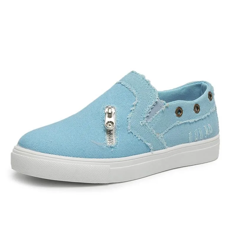 Chicvane Zipper Decoration Jean Fabric Slip-On Round Toe Platform Loafers