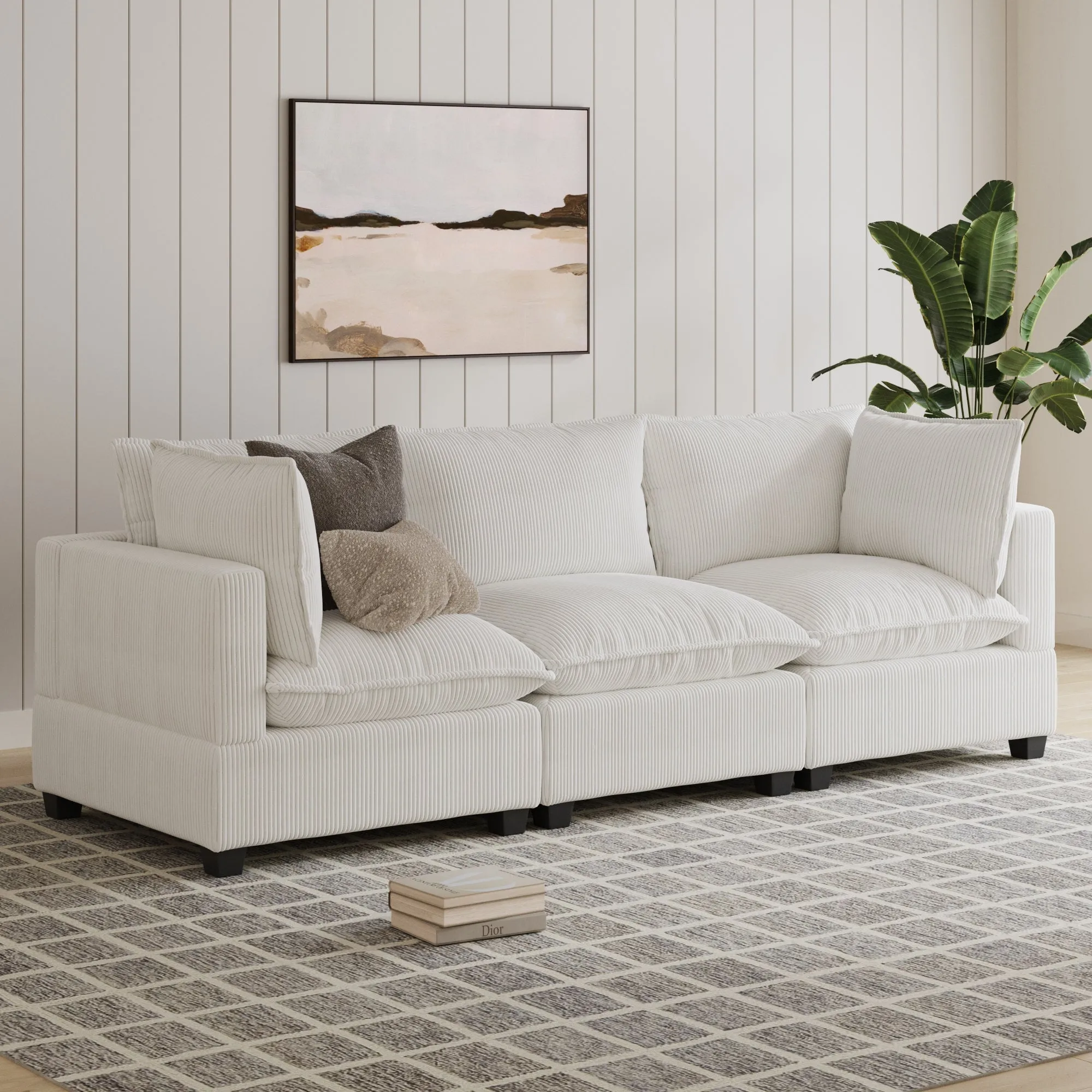 Corduroy 3-Seat Cloud Sofa Pearl White