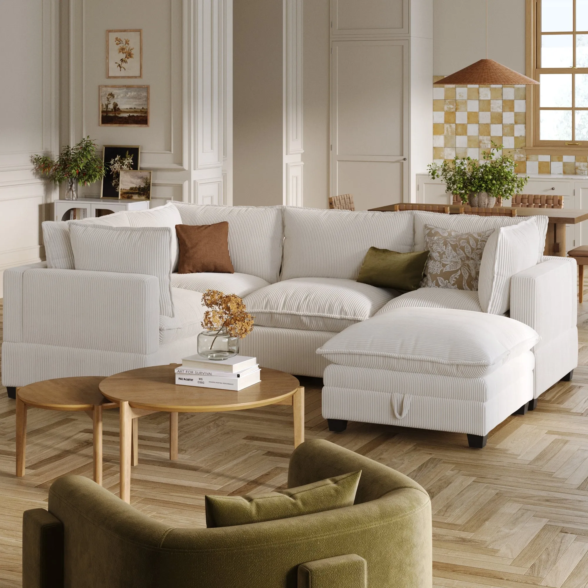 Corduroy 4-Seat Sectional Cloud Sofa with Ottoman Pearl White