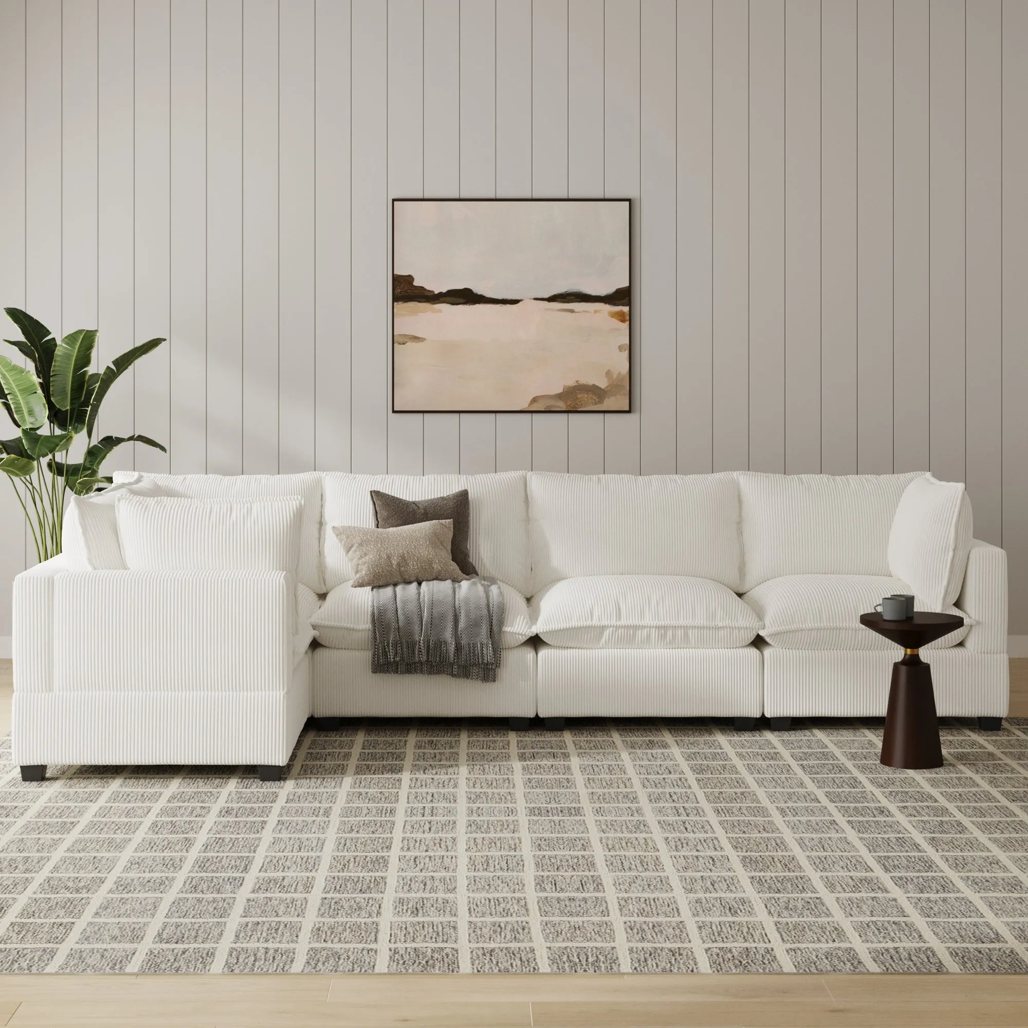 Corduroy 5-Seat Sectional Cloud Sofa Pearl White