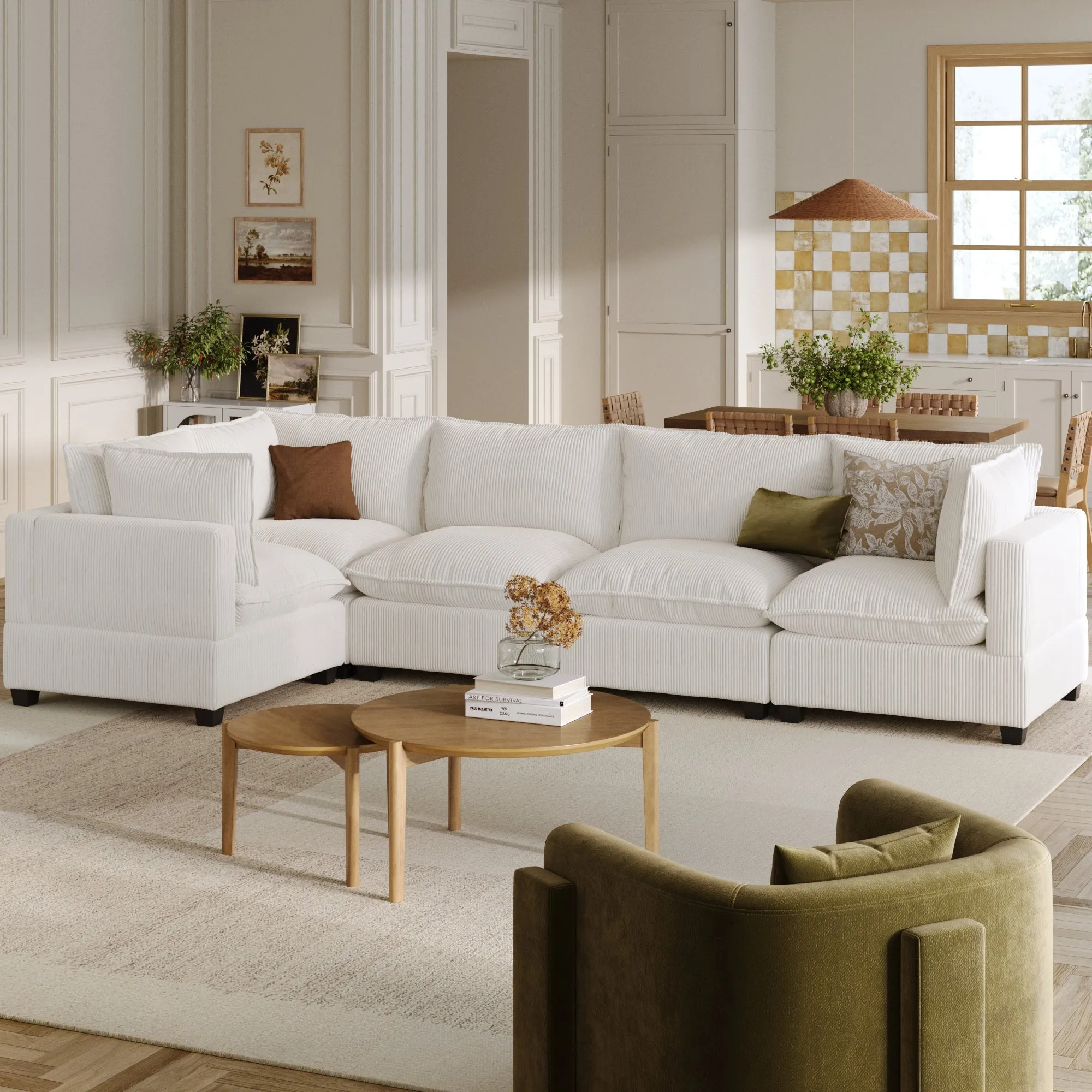 Corduroy 5-Seat Sectional Cloud Sofa Pearl White