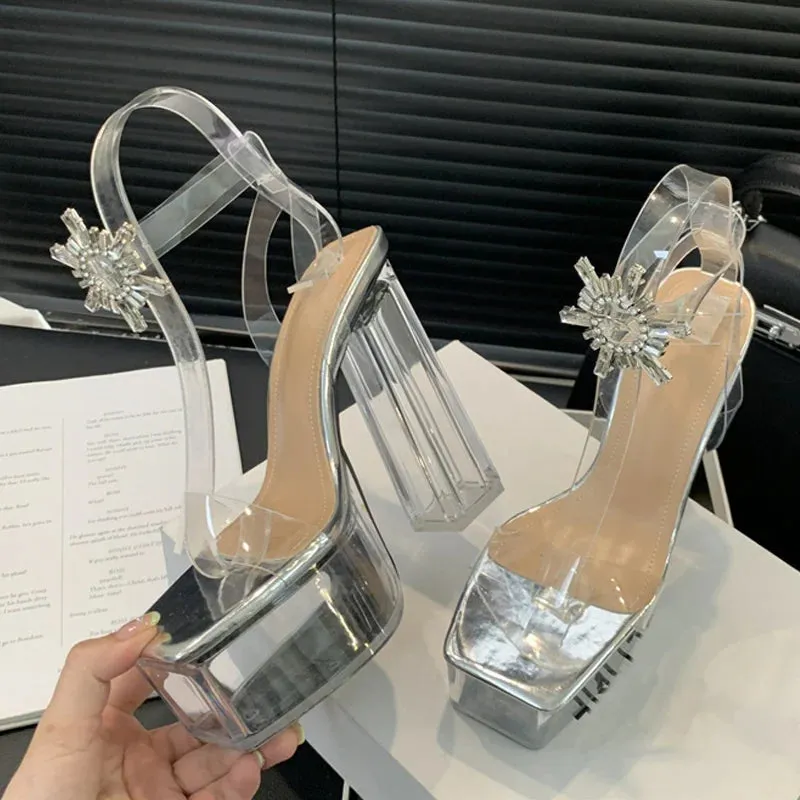 Crystal Buckle Ankle clear pvc Strap Platform Sandals