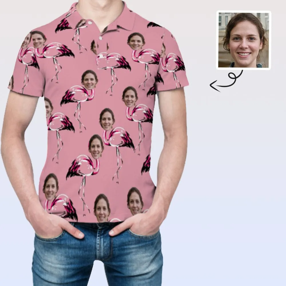 Custom Face Pink Flamingo All Over Print Polo Shirt Personalized Men's Golf Shirt