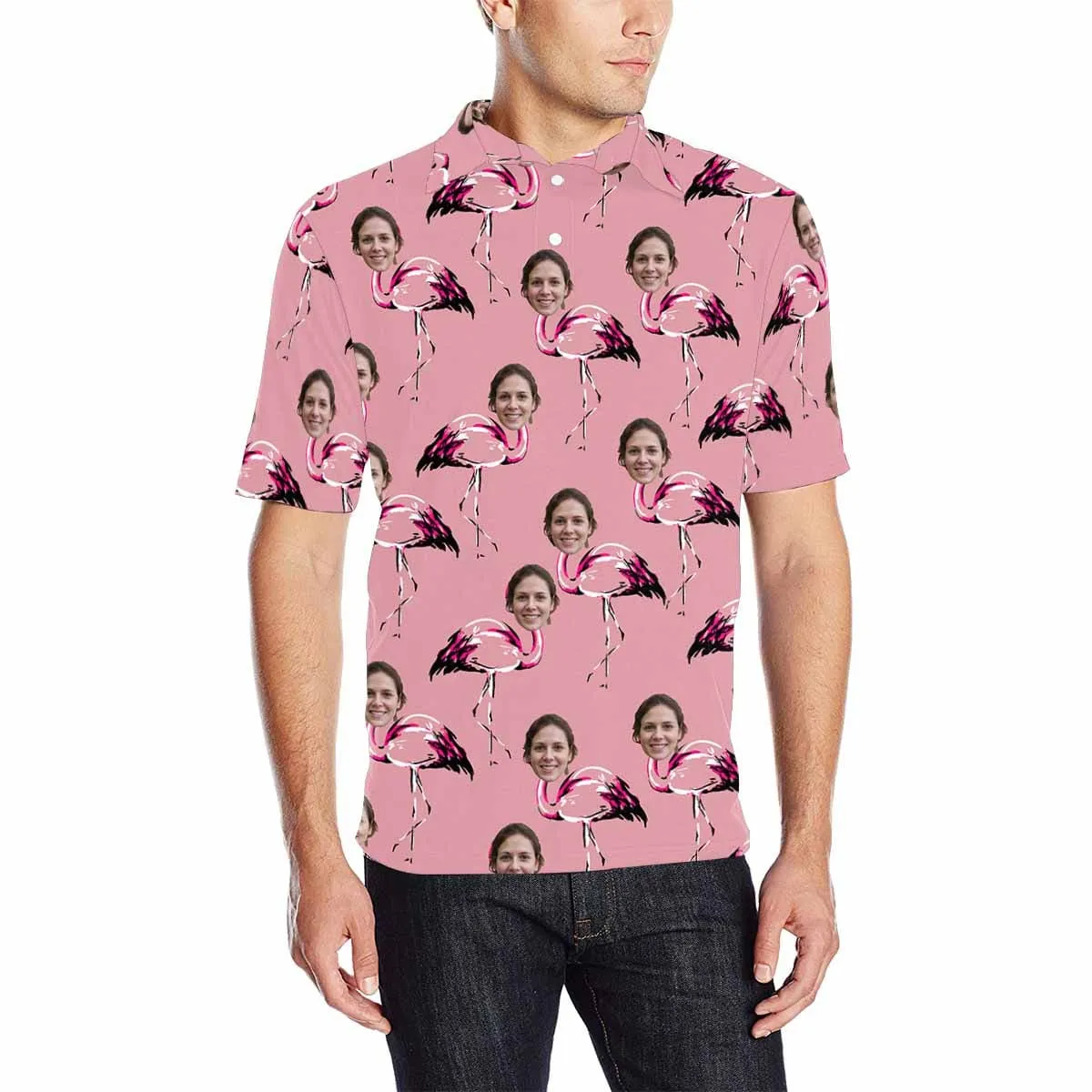 Custom Face Pink Flamingo All Over Print Polo Shirt Personalized Men's Golf Shirt