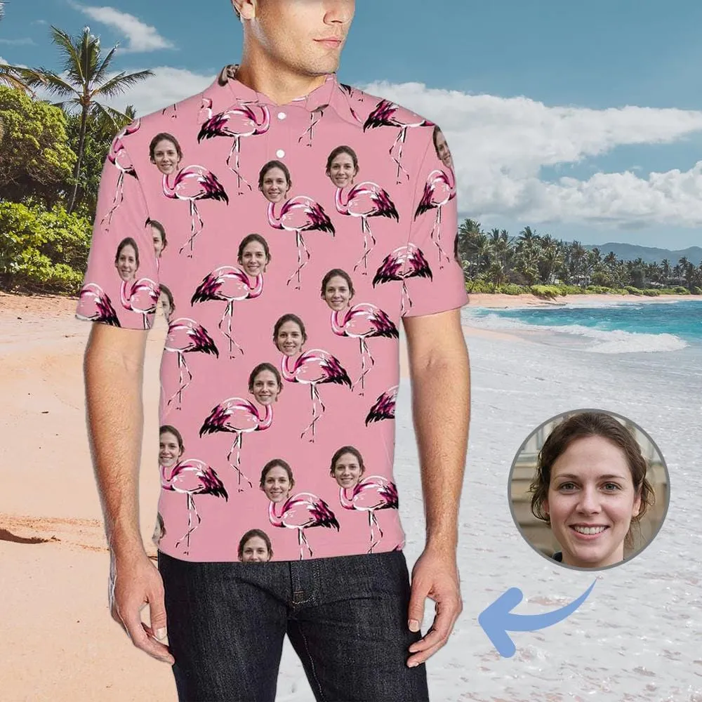 Custom Face Pink Flamingo All Over Print Polo Shirt Personalized Men's Golf Shirt