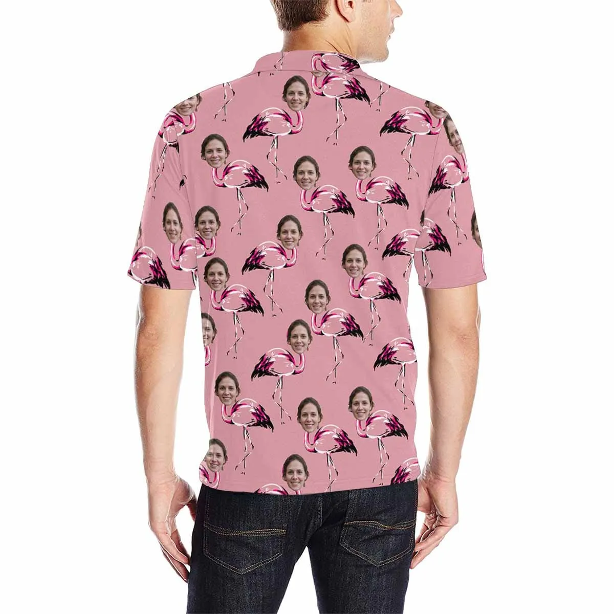 Custom Face Pink Flamingo All Over Print Polo Shirt Personalized Men's Golf Shirt