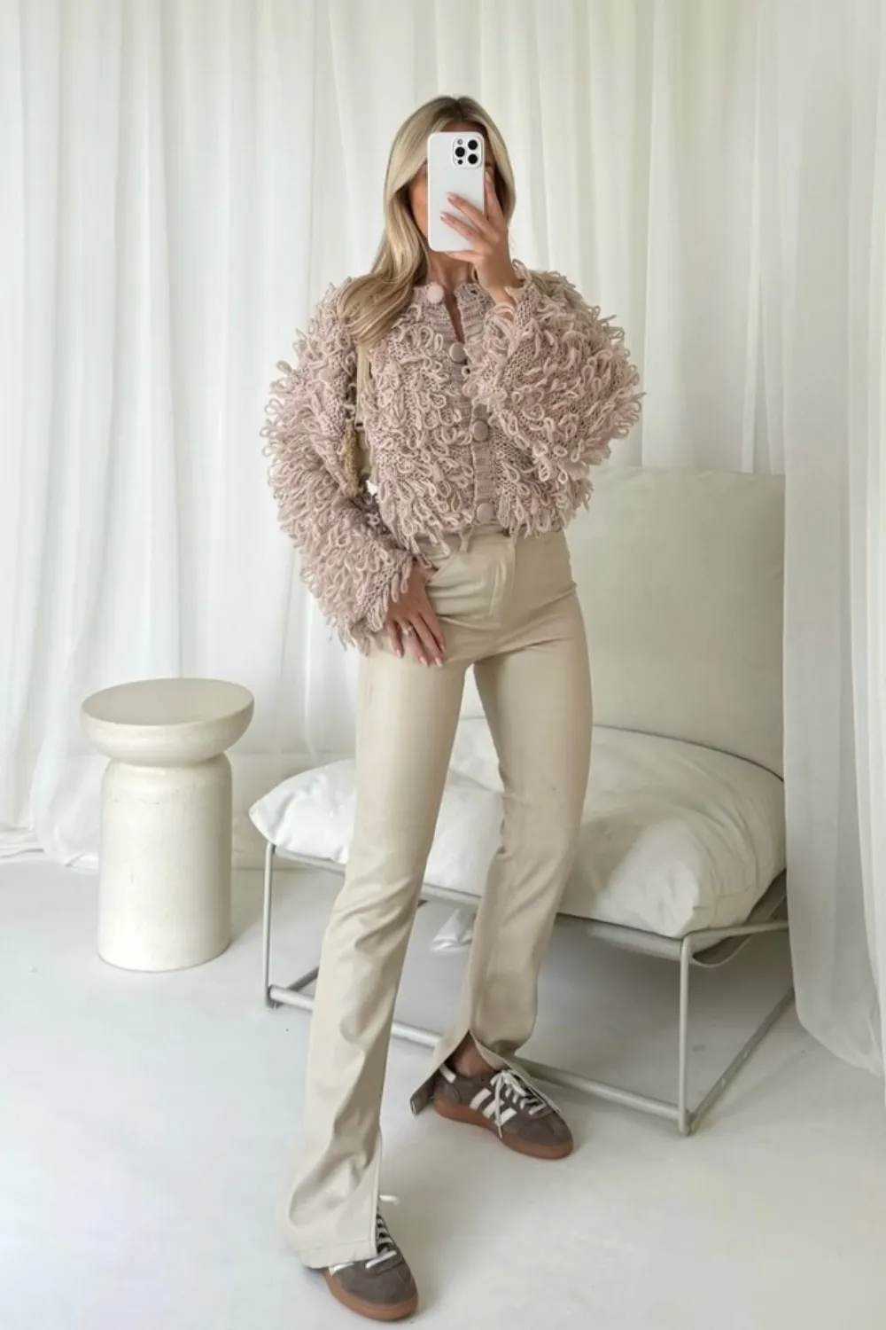 Daisy beige shaggy knit cardigan