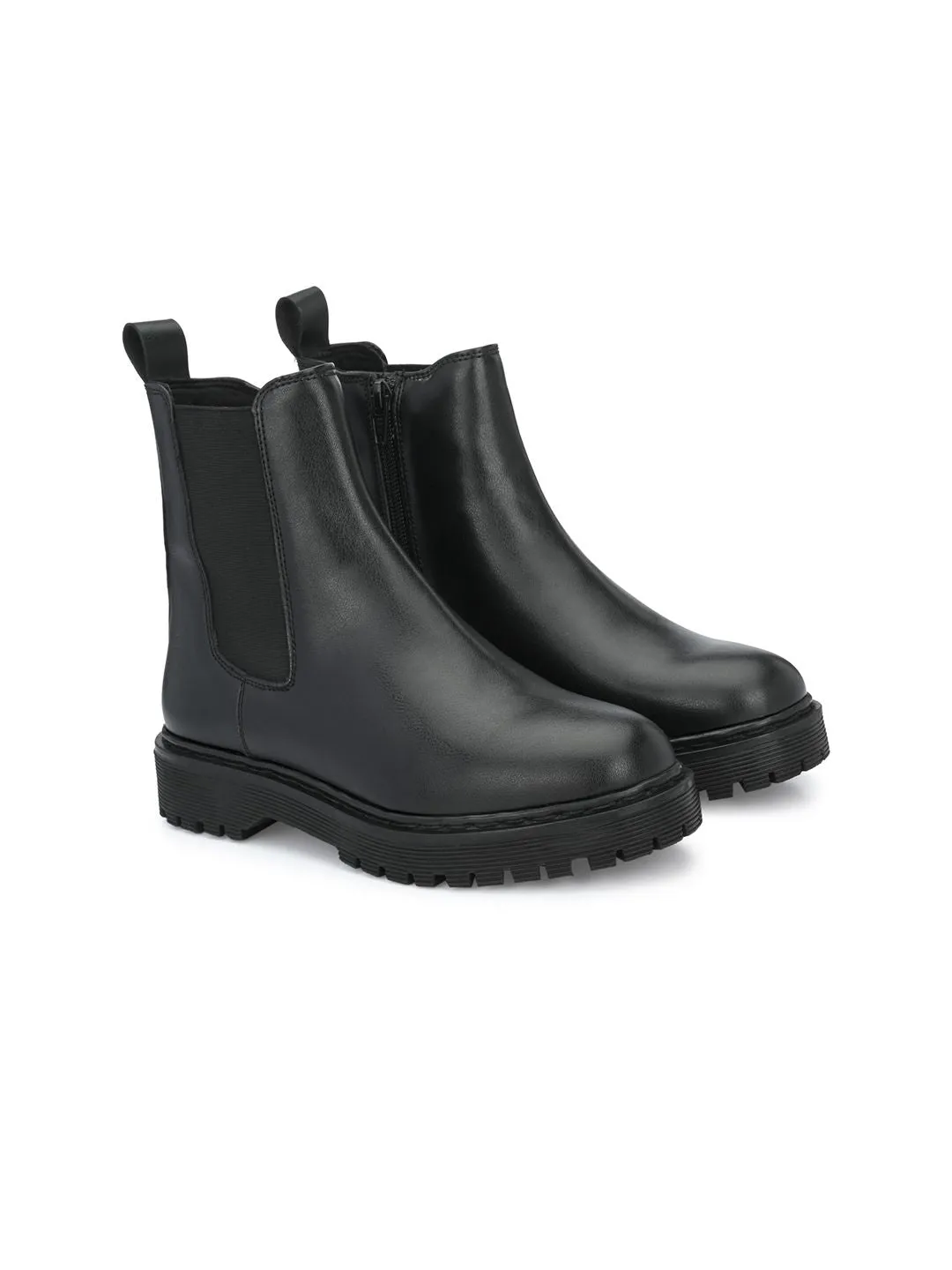 Delize Women Black Solid Vegan Leather Chelsea Boots