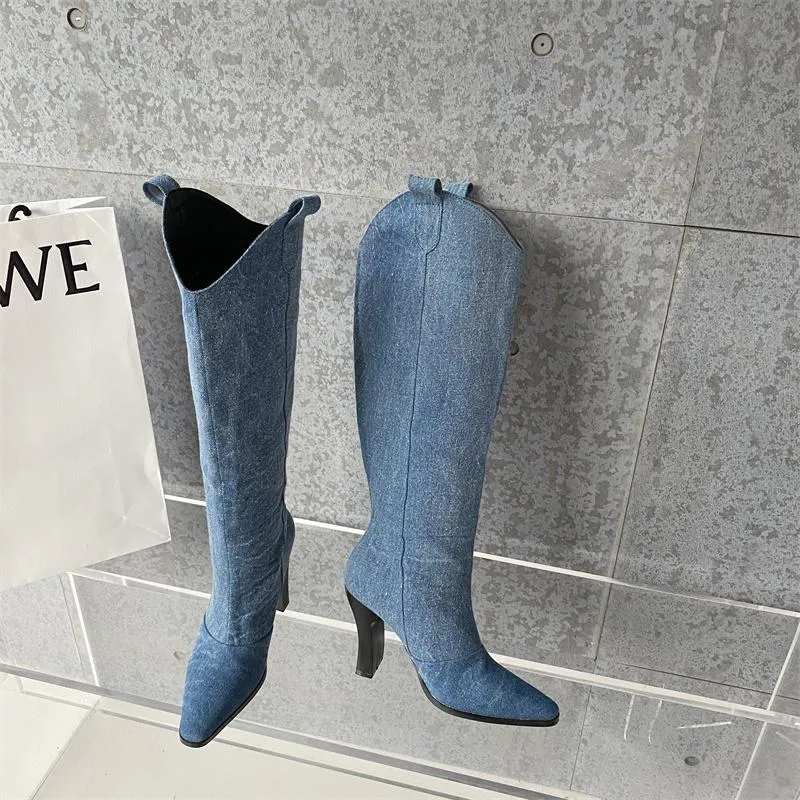 Denim Pointed Toe High Heeled Western Cowboy Boots