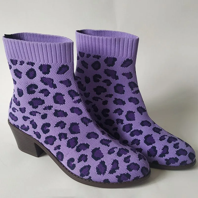 elveswallet Leopard Ankle Knitting Sock Boots