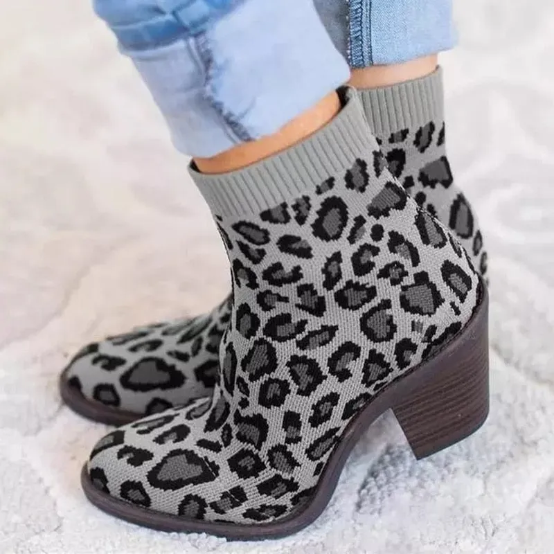 elveswallet Leopard Ankle Knitting Sock Boots