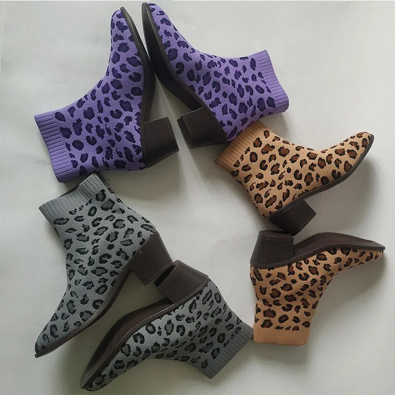 elveswallet Leopard Ankle Knitting Sock Boots