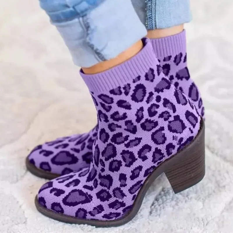 elveswallet Leopard Ankle Knitting Sock Boots
