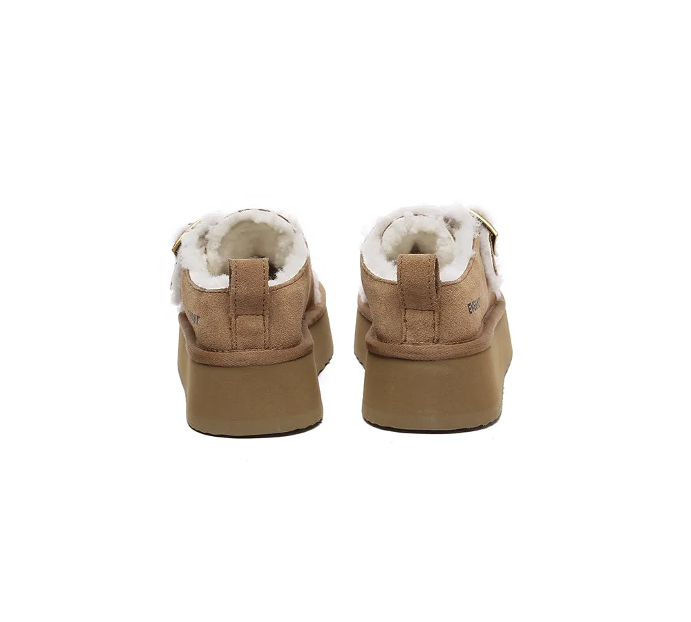 EVERAU® UGG Sheepskin Wool Adjustable Buckle Ankle Platform Slippers Tobias