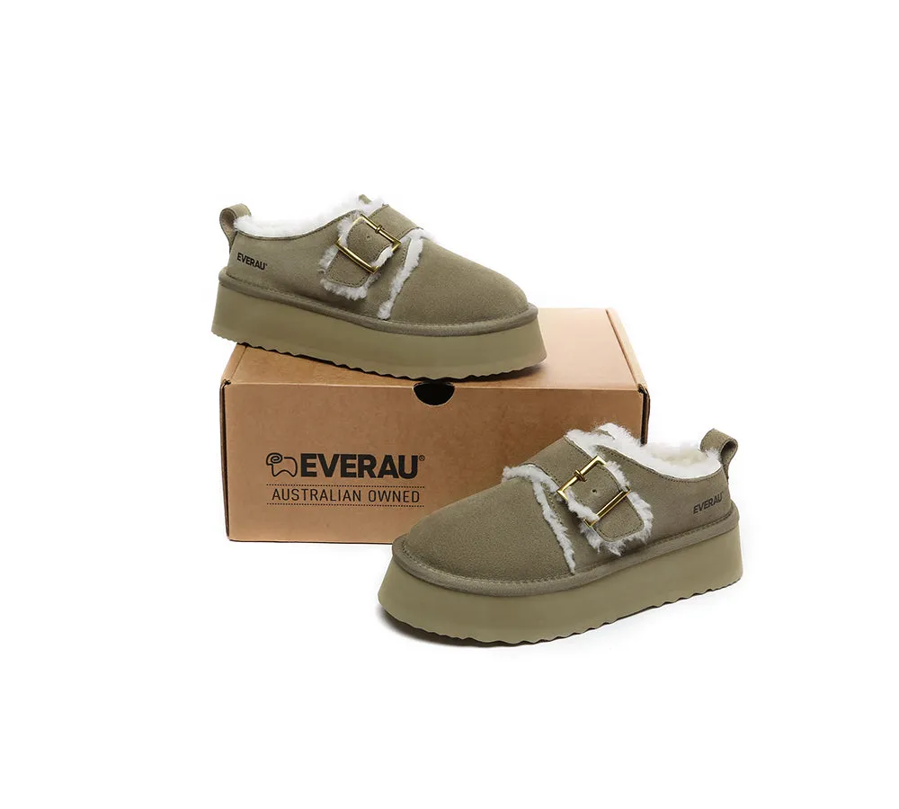 EVERAU® UGG Sheepskin Wool Adjustable Buckle Ankle Platform Slippers Tobias