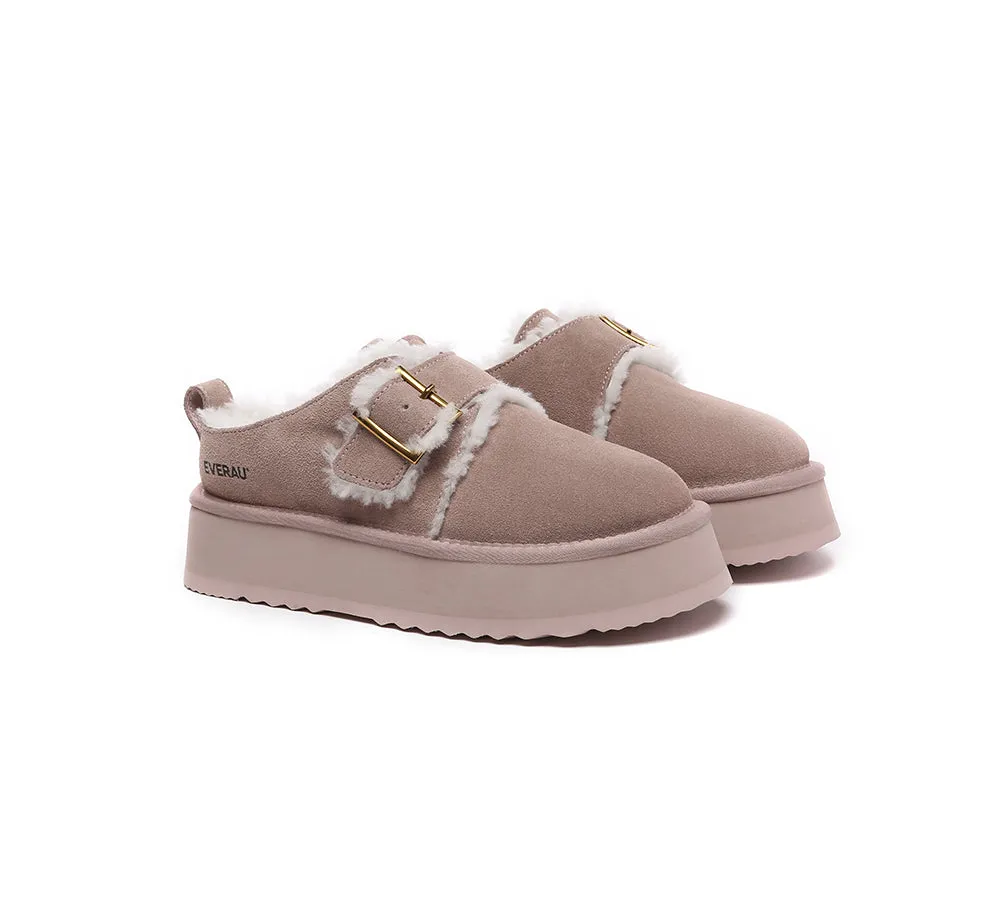EVERAU® UGG Sheepskin Wool Adjustable Buckle Ankle Platform Slippers Tobias