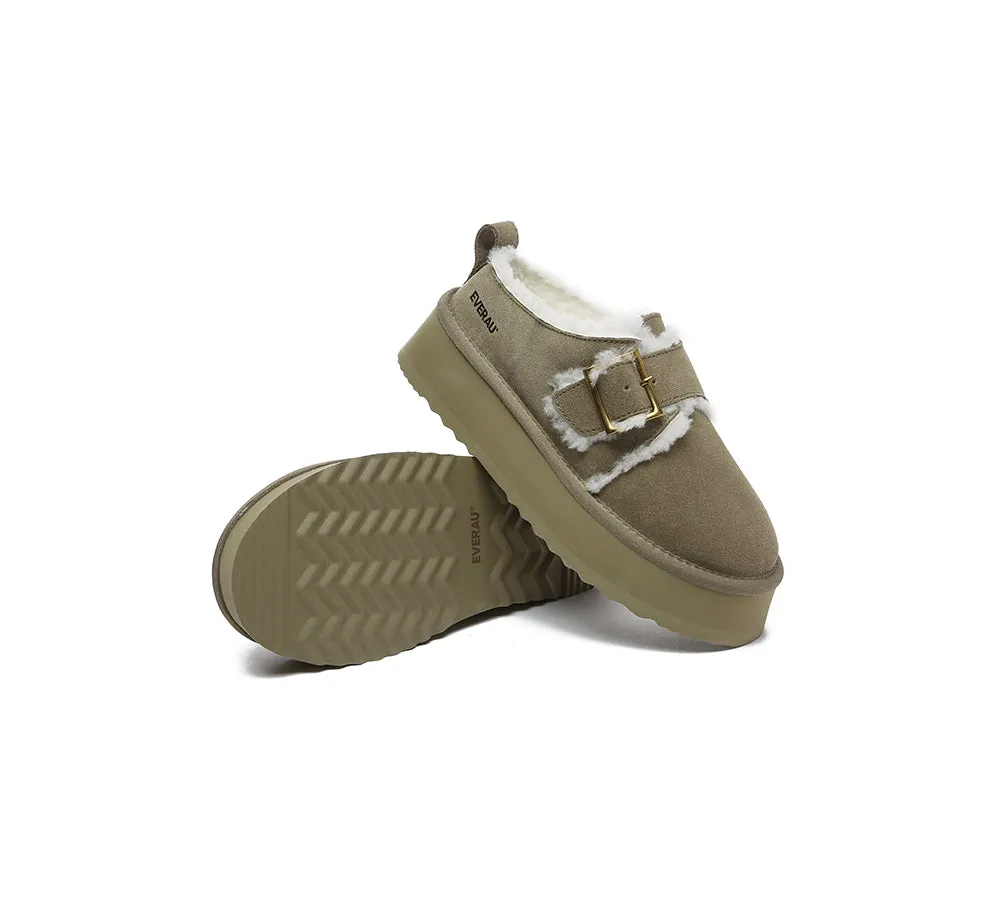 EVERAU® UGG Sheepskin Wool Adjustable Buckle Ankle Platform Slippers Tobias