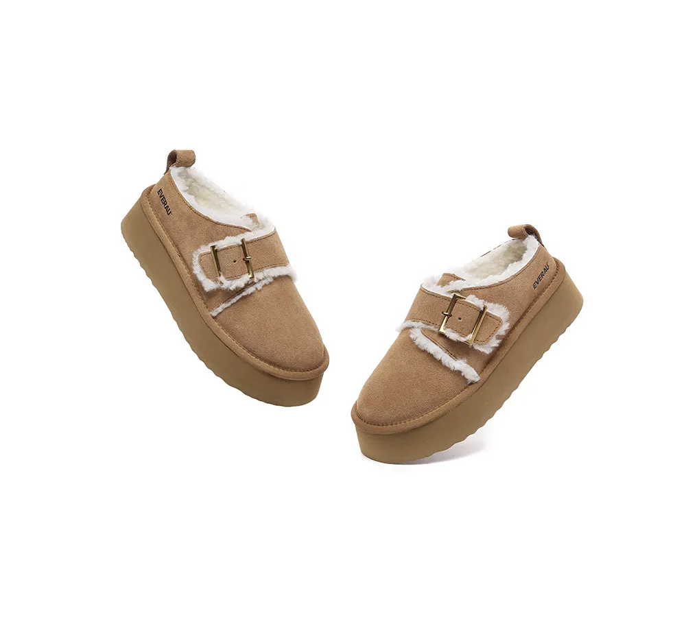EVERAU® UGG Sheepskin Wool Adjustable Buckle Ankle Platform Slippers Tobias