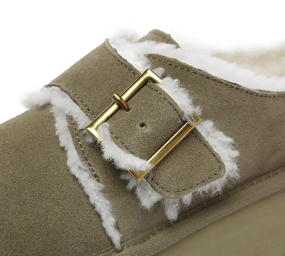 EVERAU® UGG Sheepskin Wool Adjustable Buckle Ankle Platform Slippers Tobias