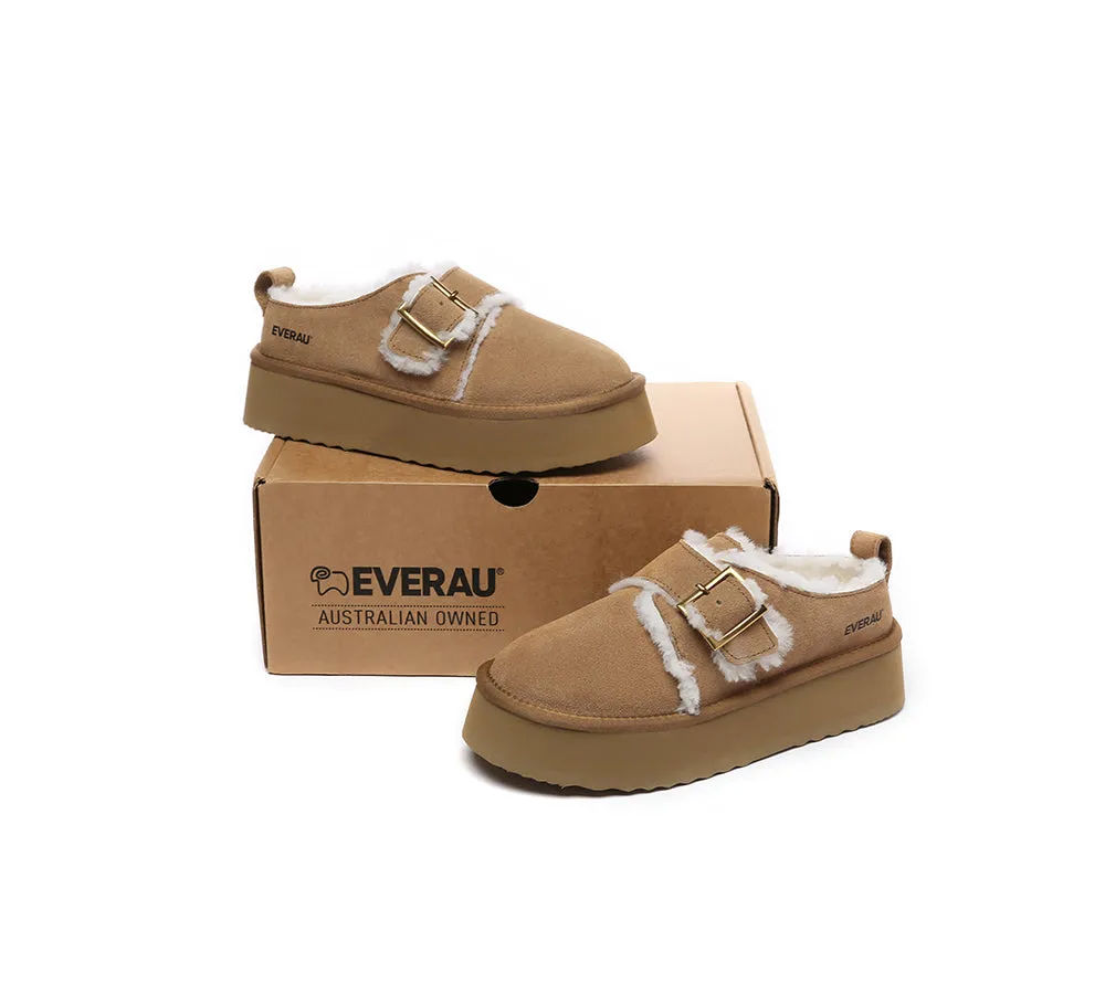 EVERAU® UGG Sheepskin Wool Adjustable Buckle Ankle Platform Slippers Tobias