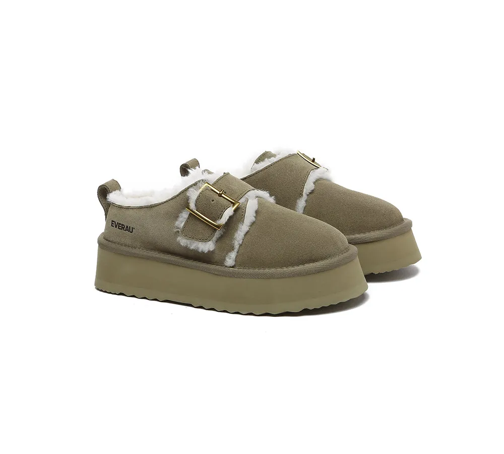 EVERAU® UGG Sheepskin Wool Adjustable Buckle Ankle Platform Slippers Tobias