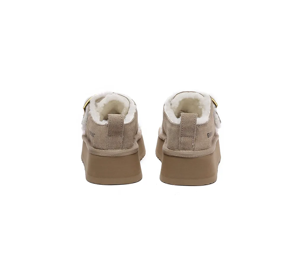 EVERAU® UGG Sheepskin Wool Adjustable Buckle Ankle Platform Slippers Tobias