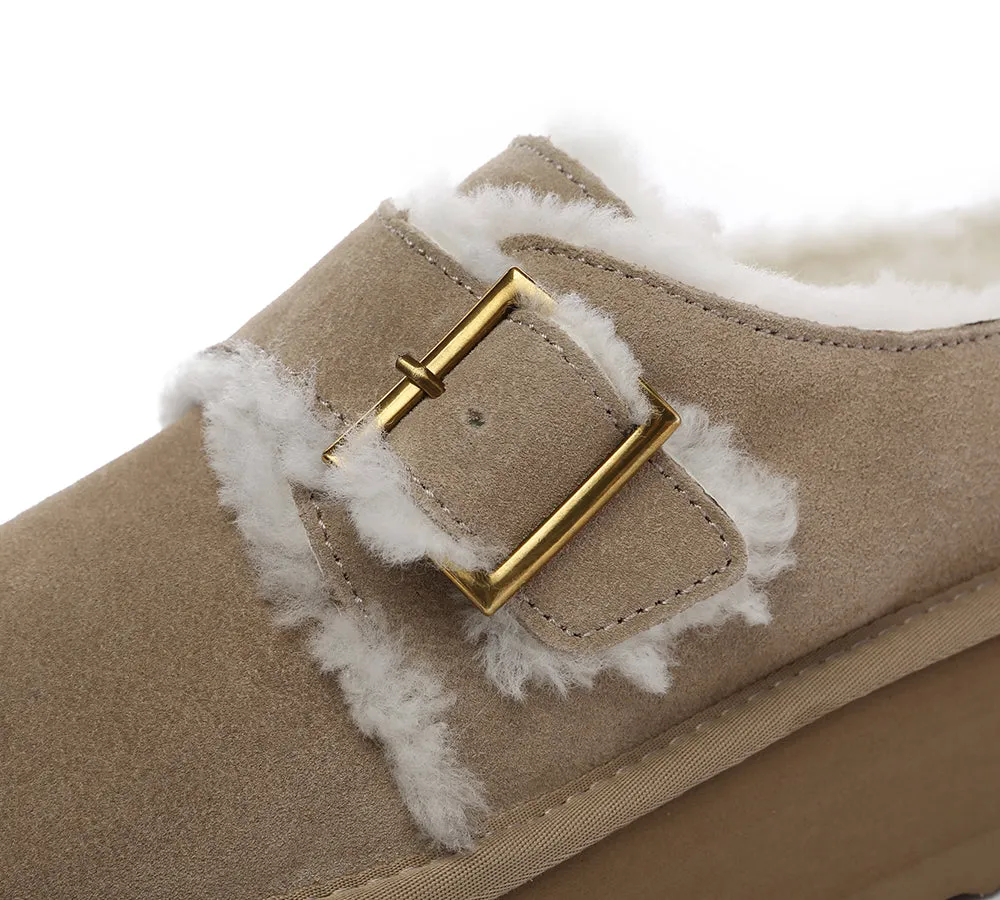 EVERAU® UGG Sheepskin Wool Adjustable Buckle Ankle Platform Slippers Tobias