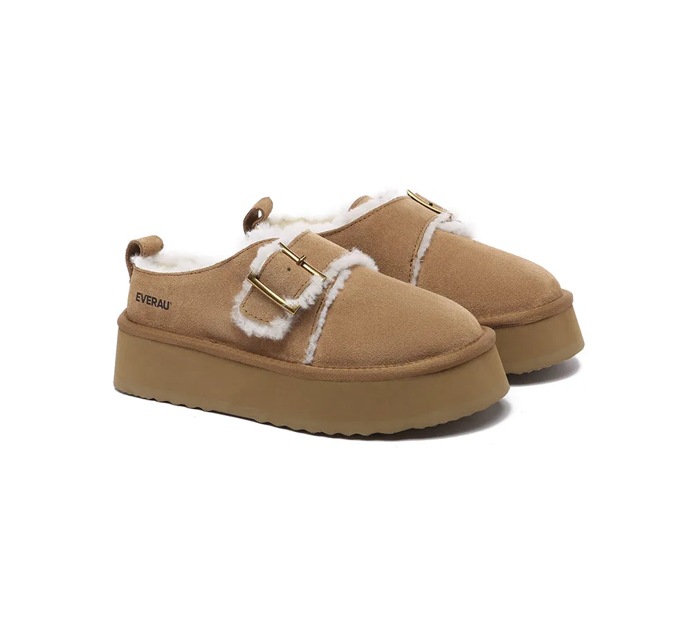 EVERAU® UGG Sheepskin Wool Adjustable Buckle Ankle Platform Slippers Tobias