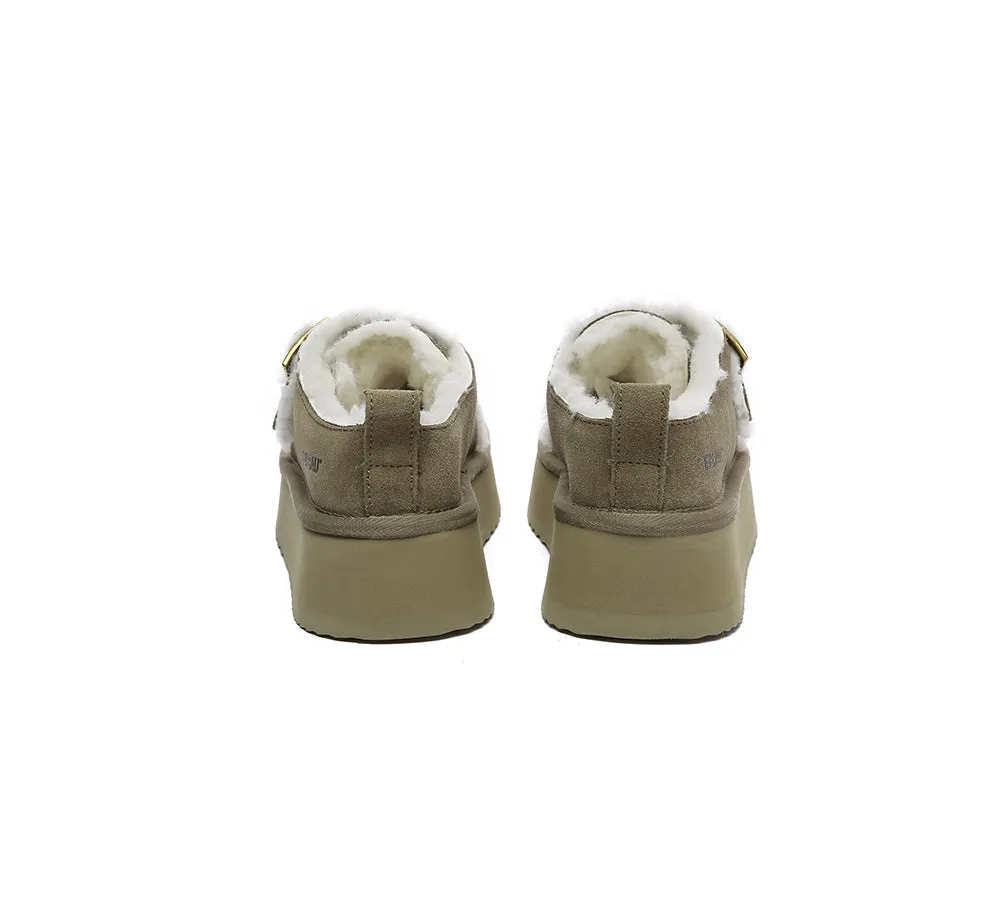 EVERAU® UGG Sheepskin Wool Adjustable Buckle Ankle Platform Slippers Tobias