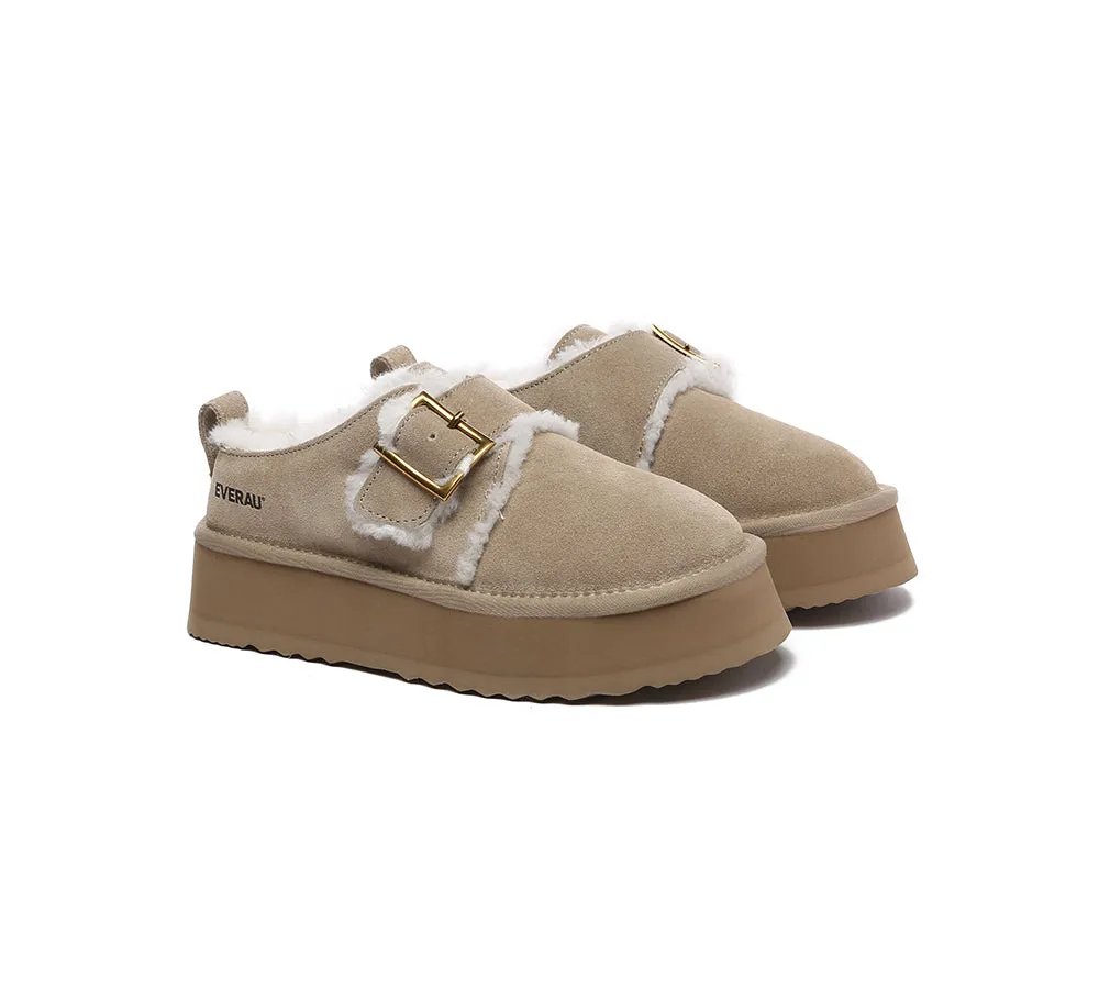 EVERAU® UGG Sheepskin Wool Adjustable Buckle Ankle Platform Slippers Tobias