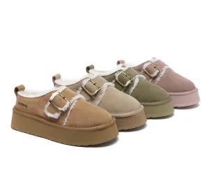 EVERAU® UGG Sheepskin Wool Adjustable Buckle Ankle Platform Slippers Tobias