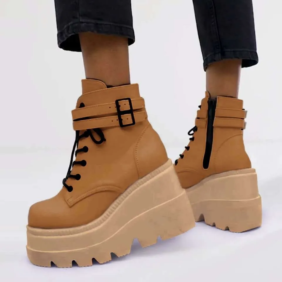 Fashion Chunky High Heel Ankle Booties Platform Lace up  Boots for Women