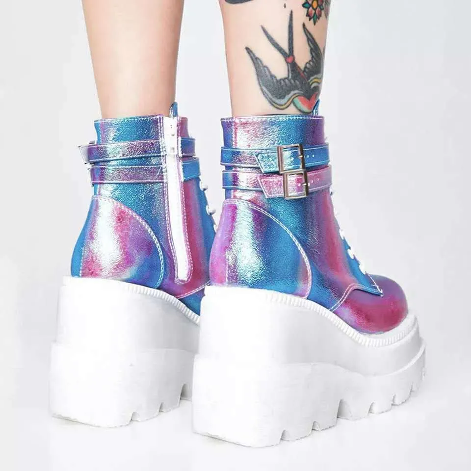 Fashion Chunky High Heel Ankle Booties Platform Lace up  Boots for Women